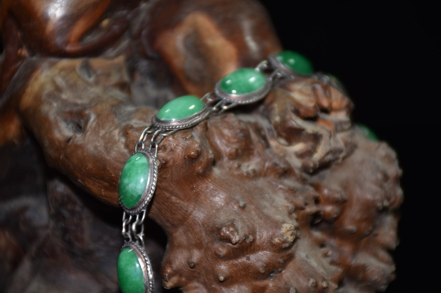 Early collection of sterling silver inlaid emerald gemstone bracelet ornaments