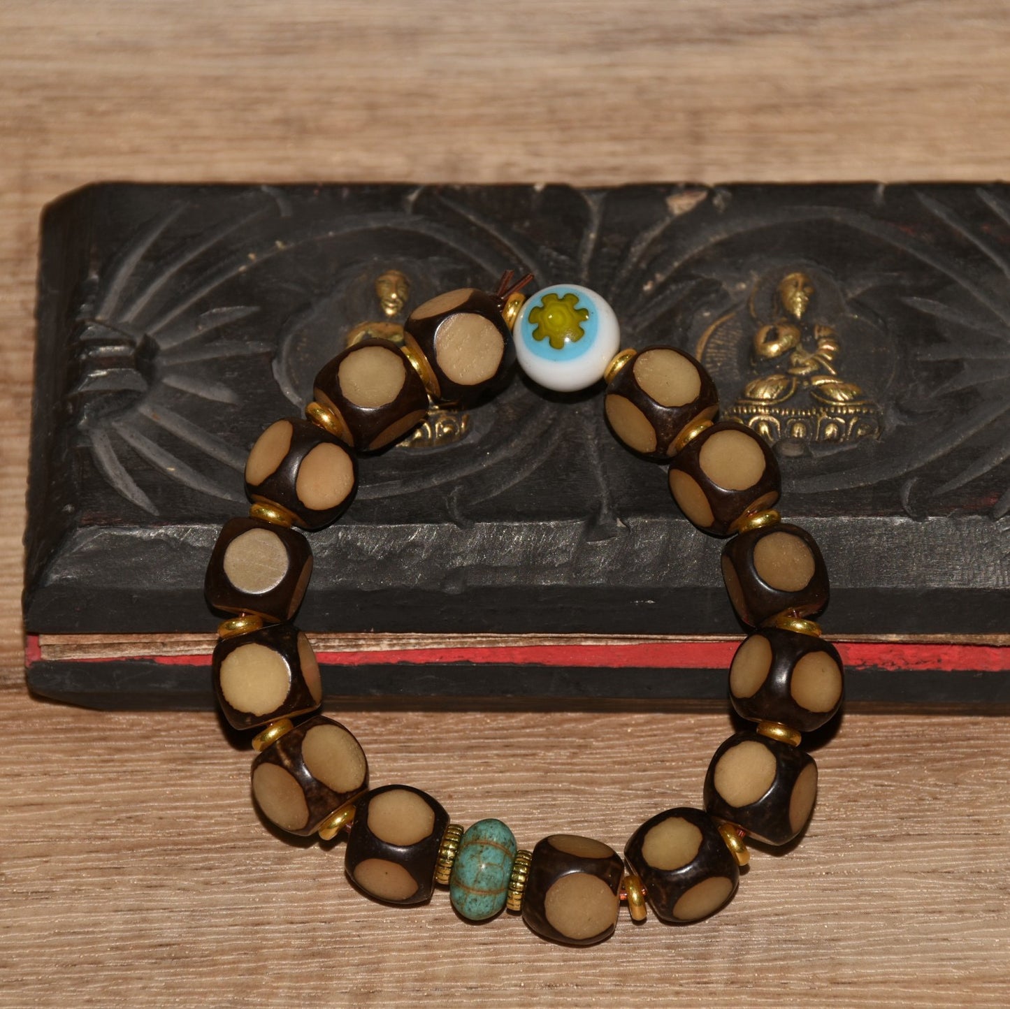Early collection of Xizang Bodhi with green pine colored glass beads bracelet