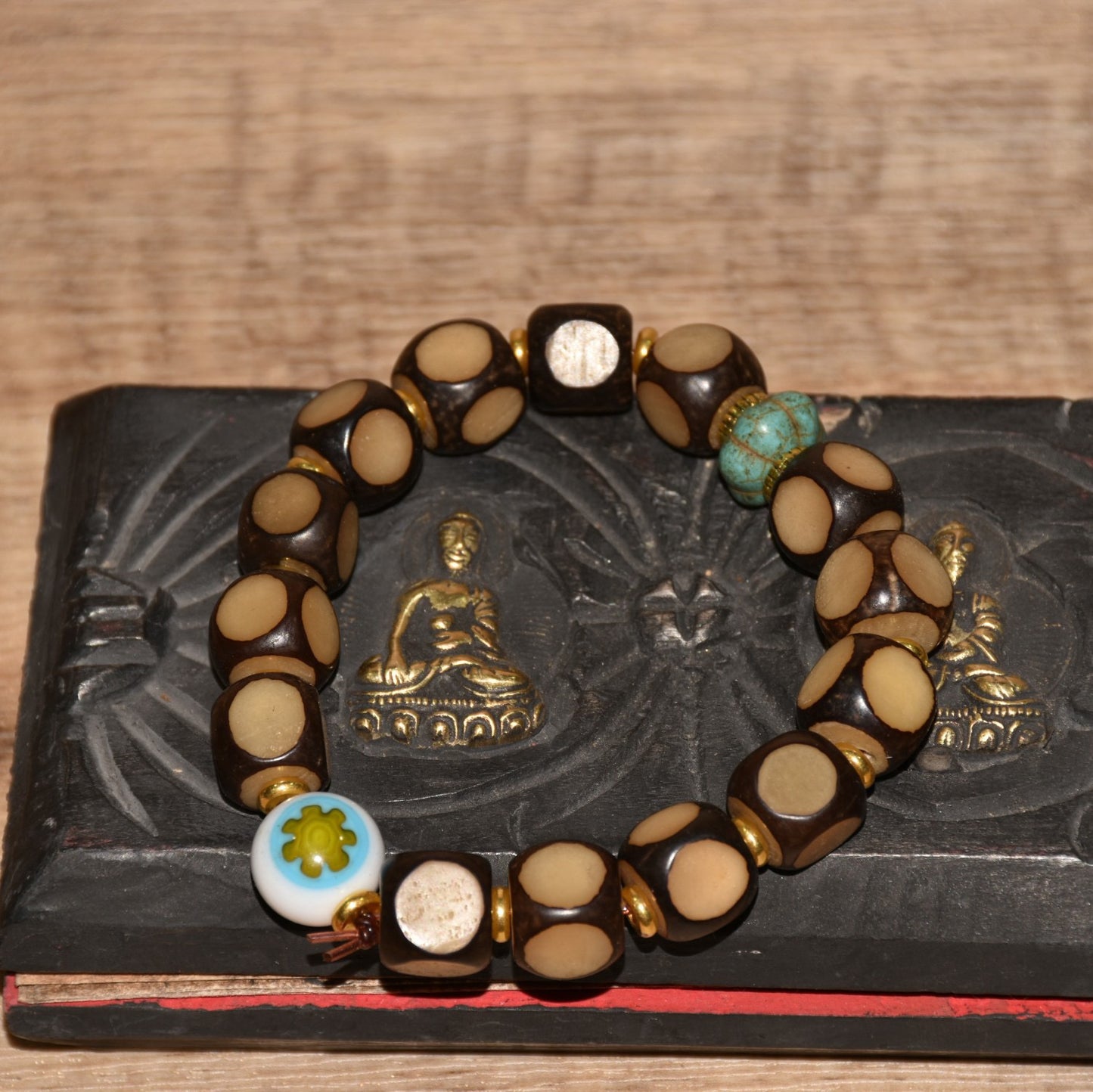 Early collection of Xizang Bodhi with green pine colored glass beads bracelet