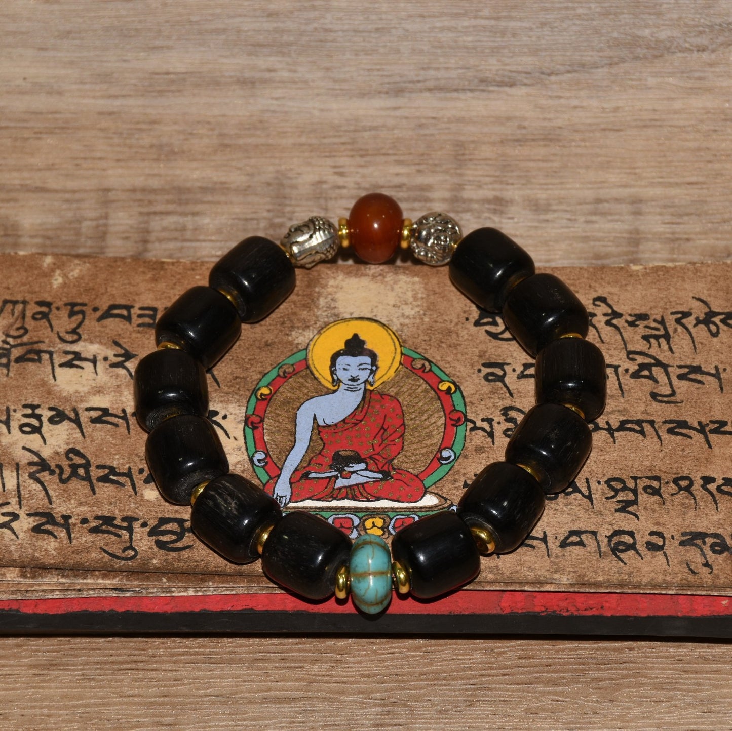 Early collection of Xizang yak hooves handmade tube beads with green pine agate Maitreya Buddhist bracelet