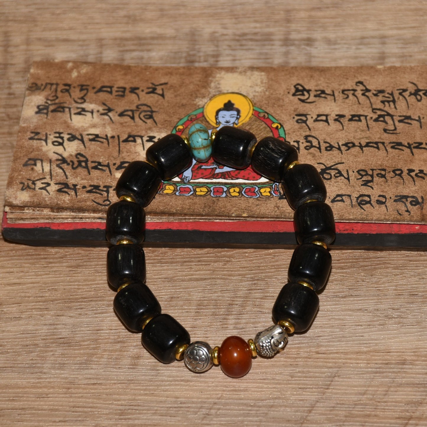 Early collection of Xizang yak hooves handmade tube beads with green pine agate Maitreya Buddhist bracelet