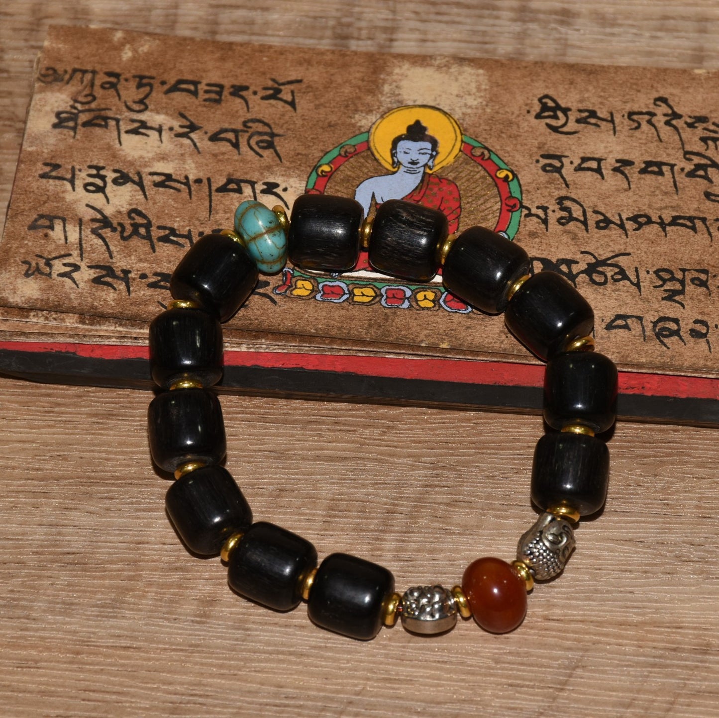 Early collection of Xizang yak hooves handmade tube beads with green pine agate Maitreya Buddhist bracelet