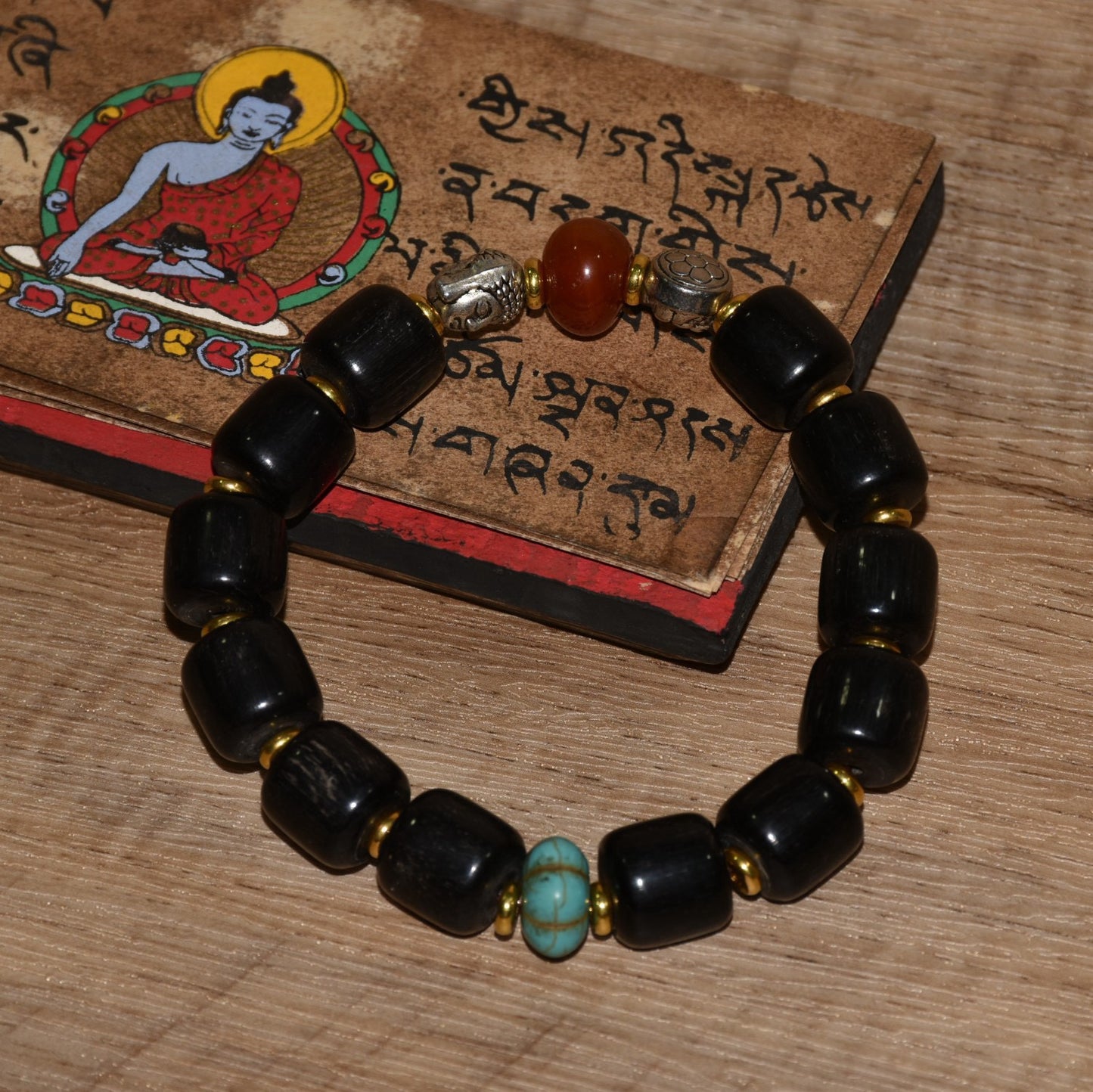 Early collection of Xizang yak hooves handmade tube beads with green pine agate Maitreya Buddhist bracelet