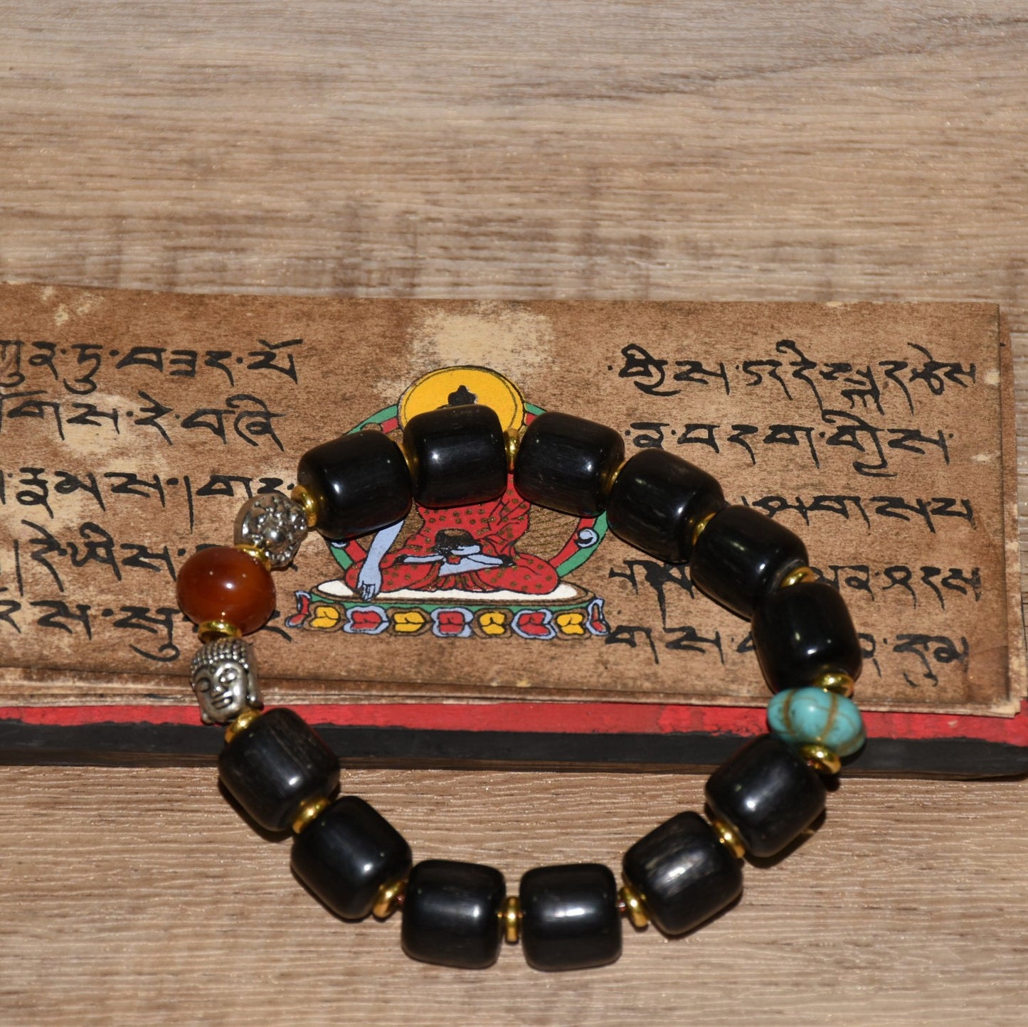 Early collection of Xizang yak hooves handmade tube beads with green pine agate Maitreya Buddhist bracelet