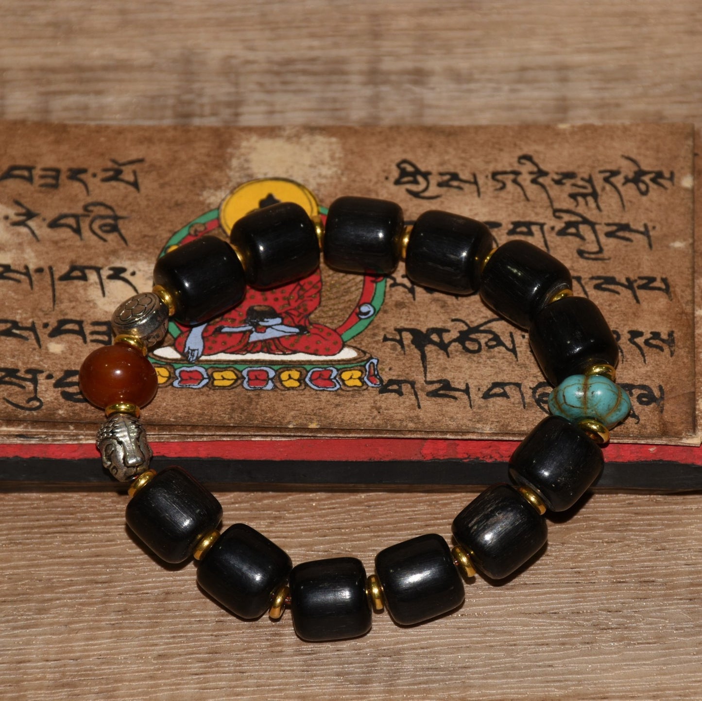 Early collection of Xizang yak hooves handmade tube beads with green pine agate Maitreya Buddhist bracelet