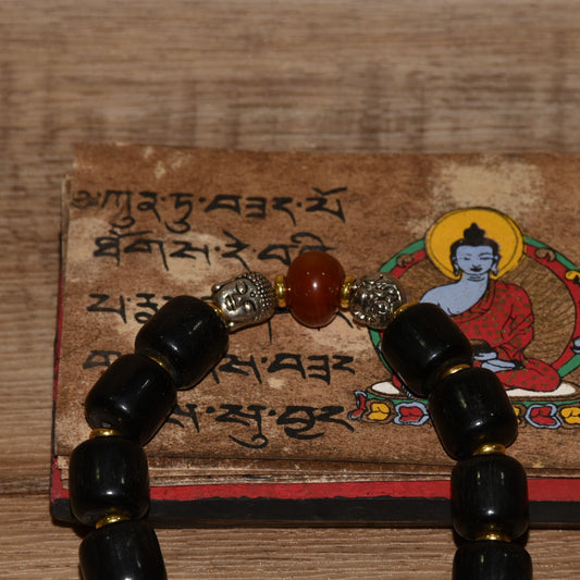 Early collection of Xizang yak hooves handmade tube beads with green pine agate Maitreya Buddhist bracelet