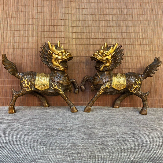 A pair of Chinese antique pure copper qilin