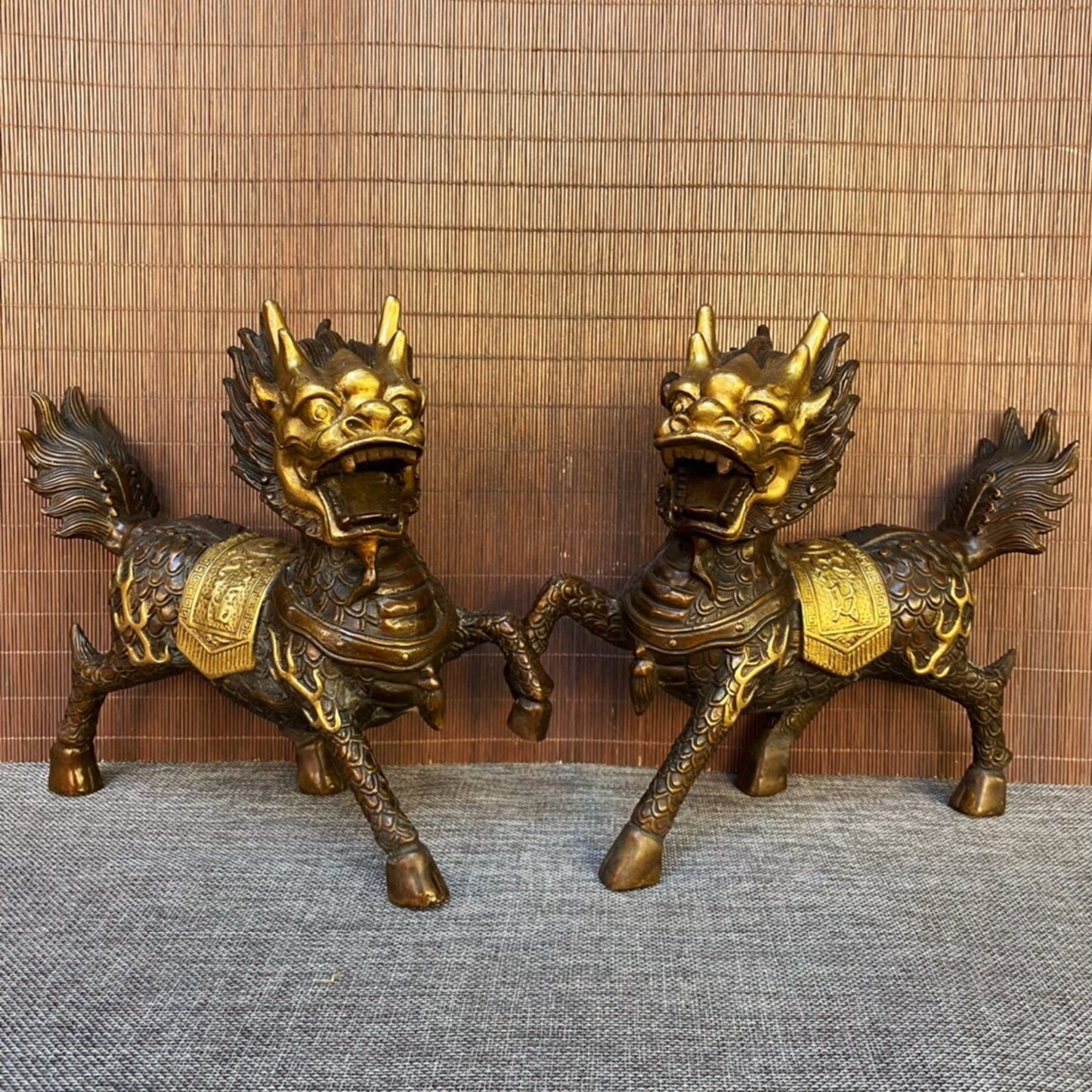 A pair of Chinese antique pure copper qilin