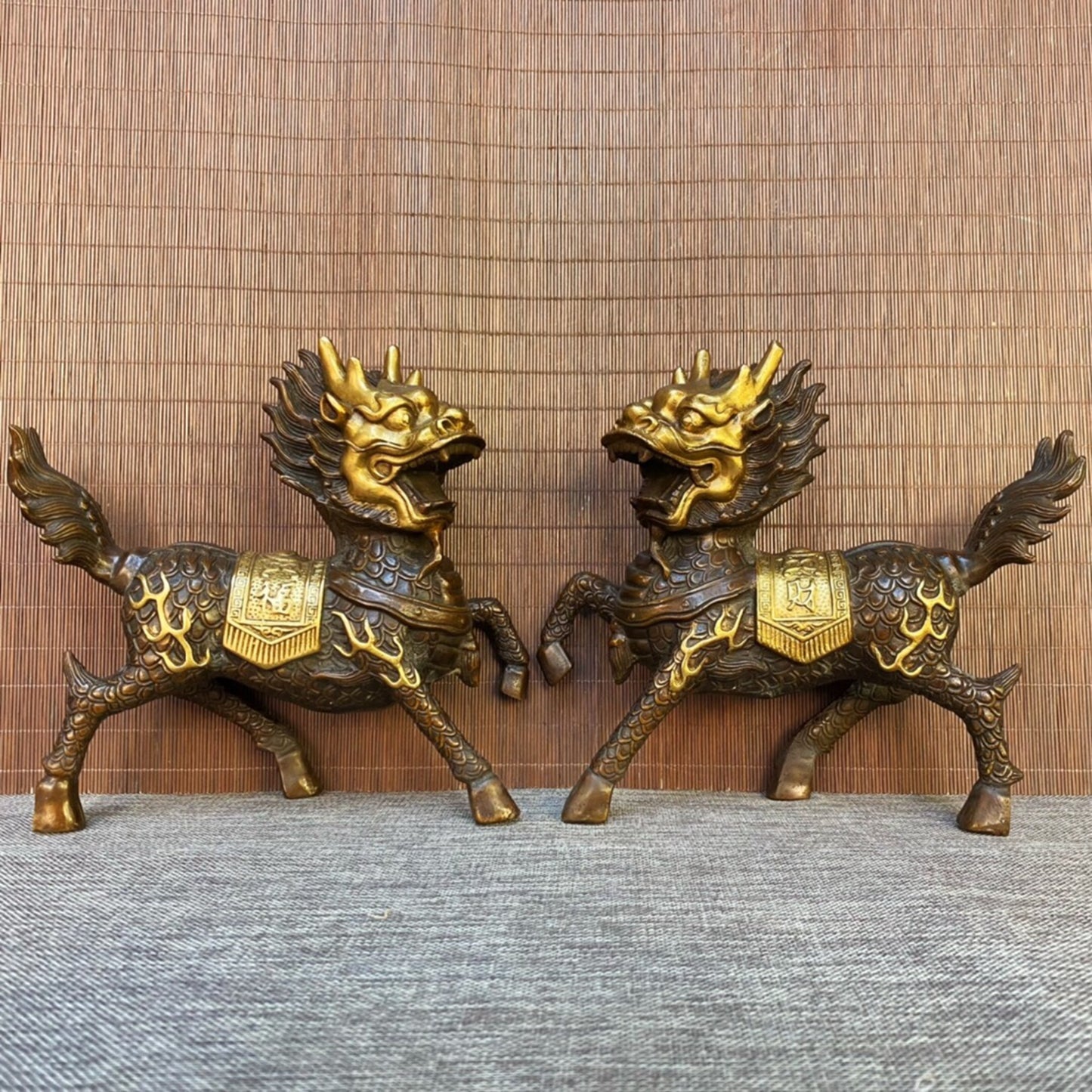 A pair of Chinese antique pure copper qilin