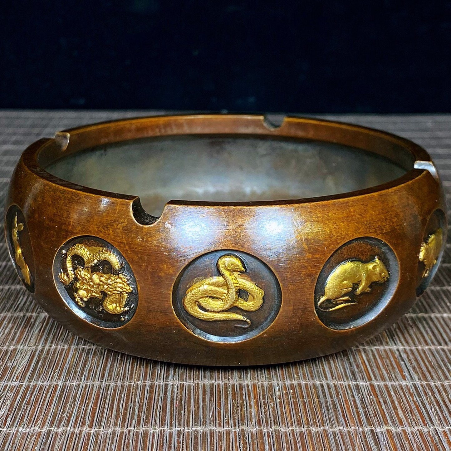 Chinese antique pure copper twelve zodiac animals ashtray and pen wash