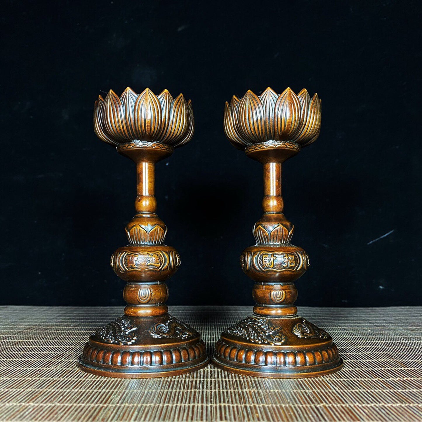 A pair of Chinese antique pure copper lotus wax stands