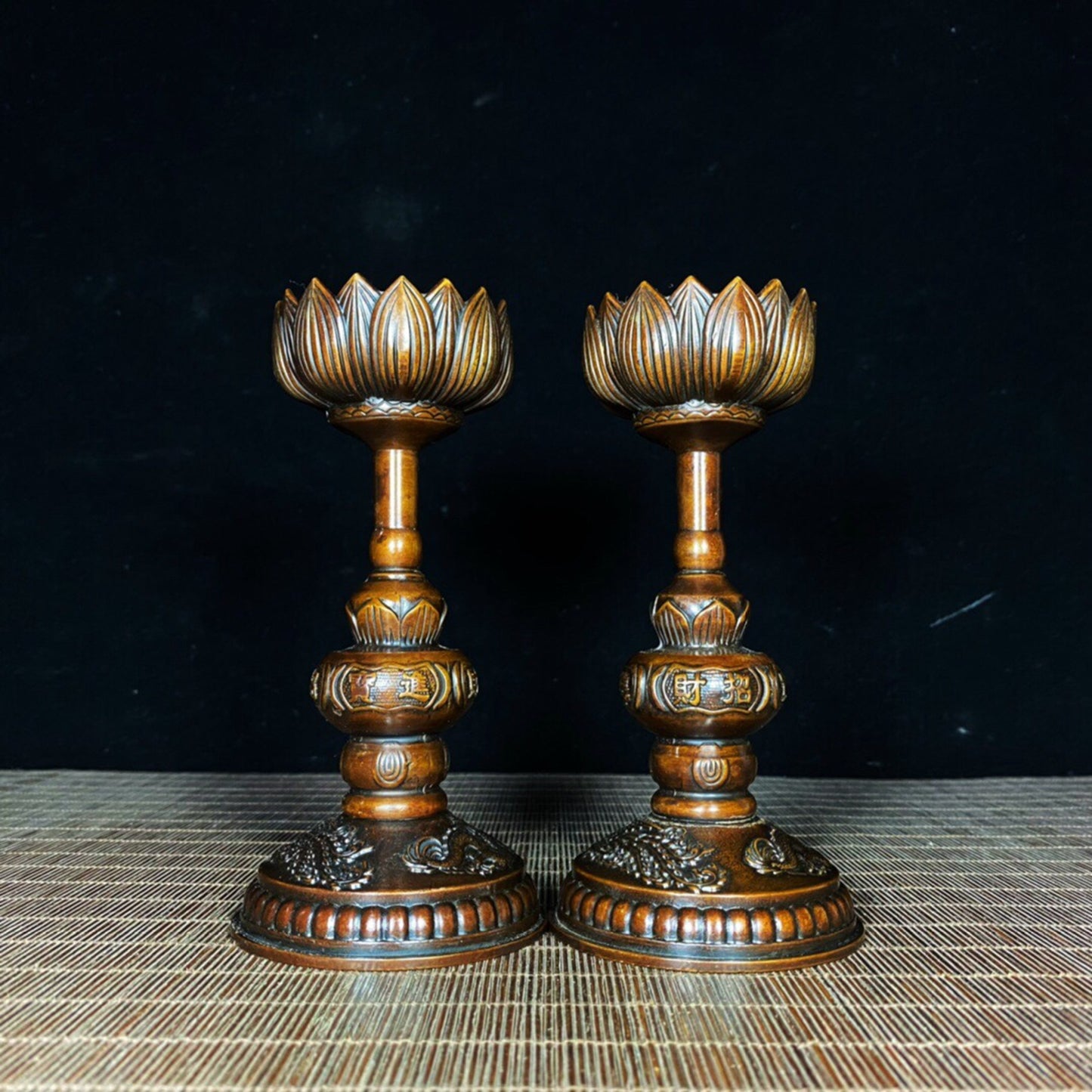 A pair of Chinese antique pure copper lotus wax stands