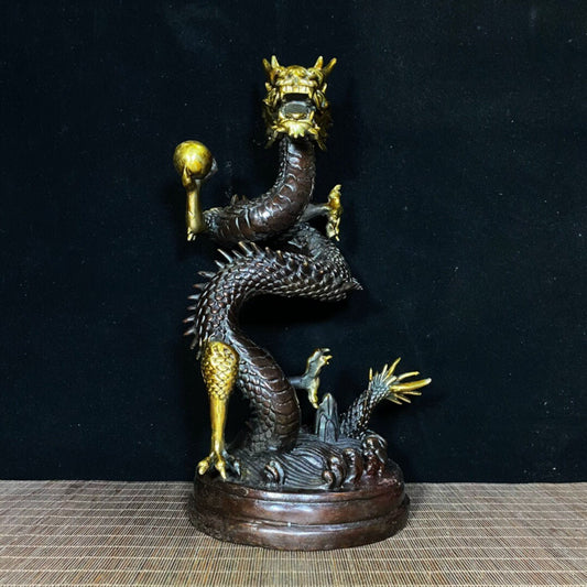 Chinese Antique Pure Copper Dragon Grasping Treasure Pearl