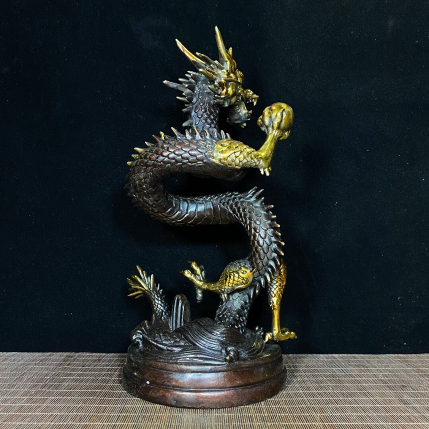 Chinese Antique Pure Copper Dragon Grasping Treasure Pearl