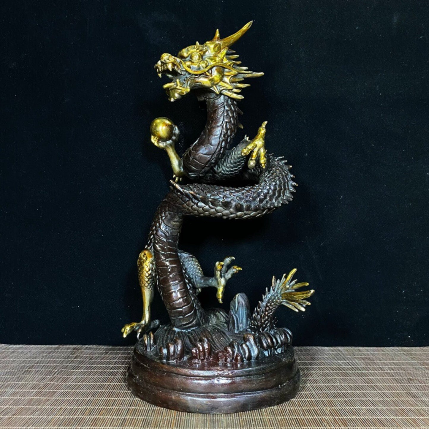 Chinese Antique Pure Copper Dragon Grasping Treasure Pearl