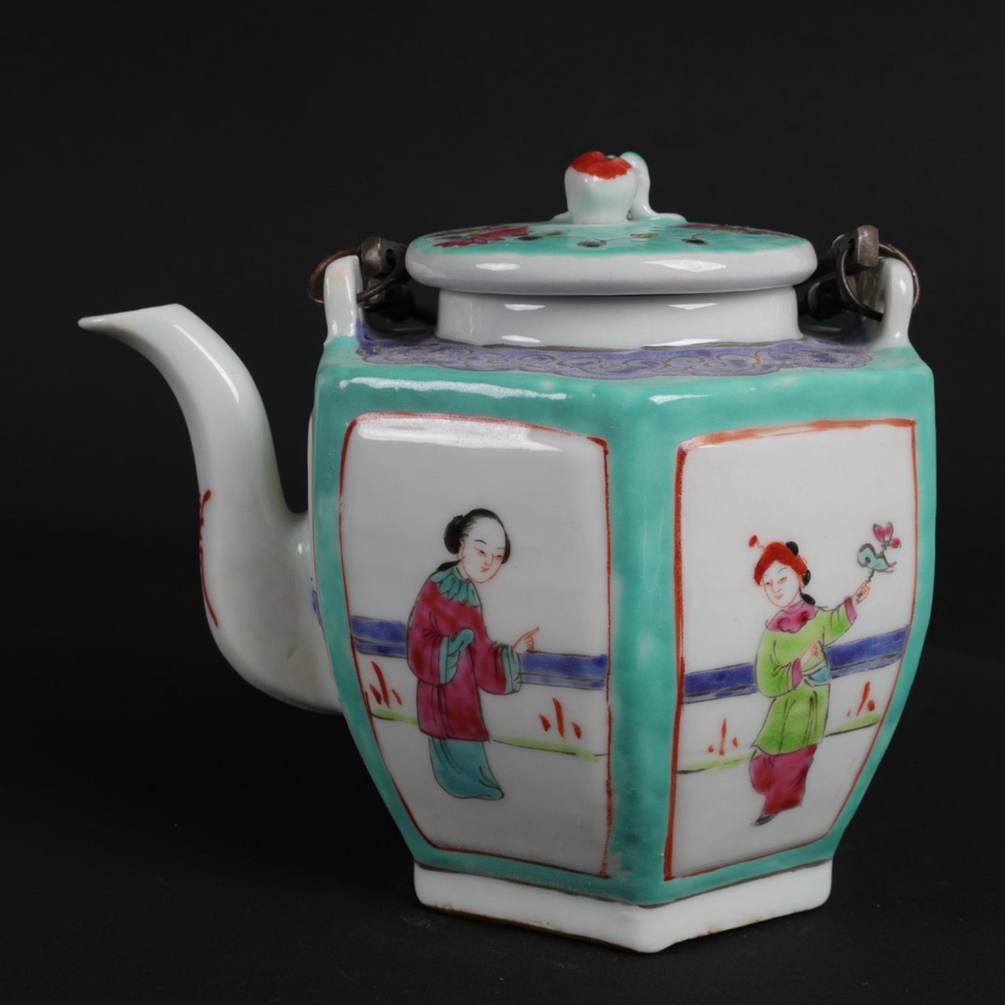Pink painted window maiden picture with hexagonal lifting beam teapot
