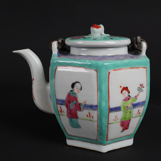 Pink painted window maiden picture with hexagonal lifting beam teapot