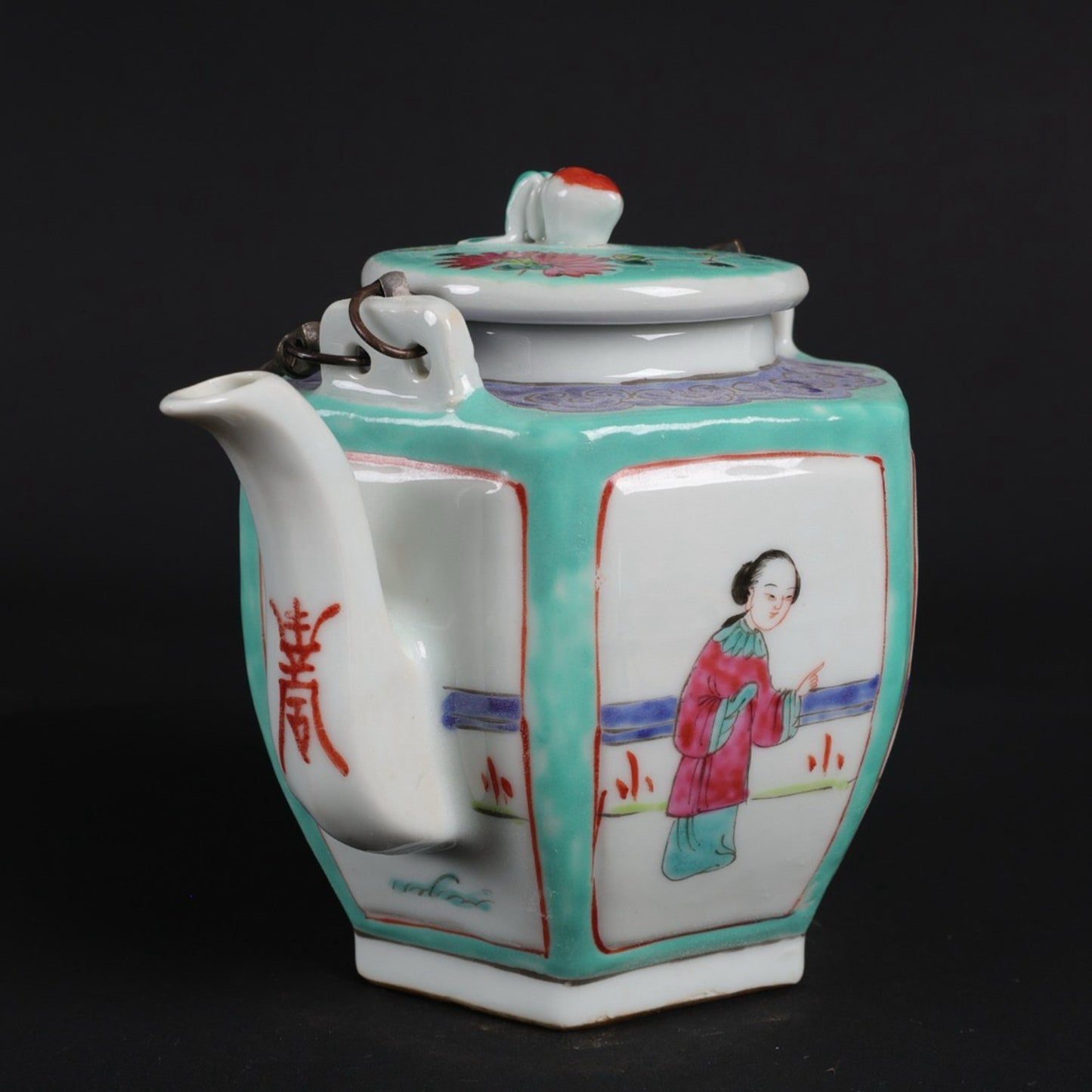 Pink painted window maiden picture with hexagonal lifting beam teapot