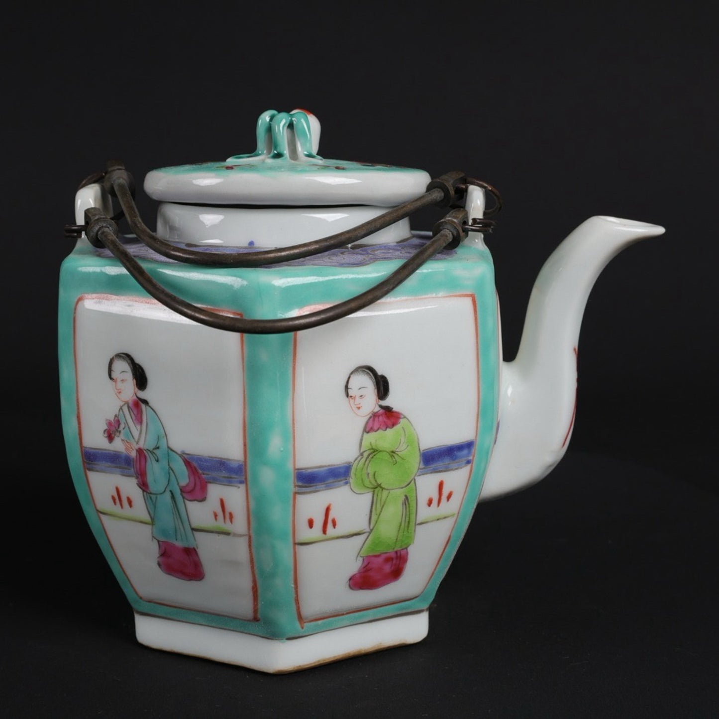 Pink painted window maiden picture with hexagonal lifting beam teapot