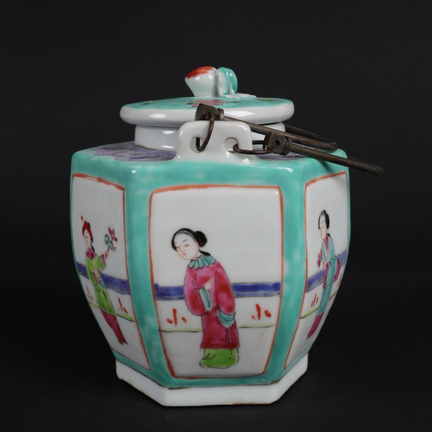 Pink painted window maiden picture with hexagonal lifting beam teapot