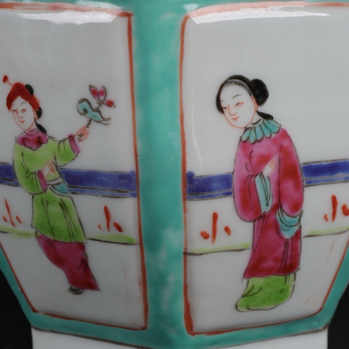 Pink painted window maiden picture with hexagonal lifting beam teapot
