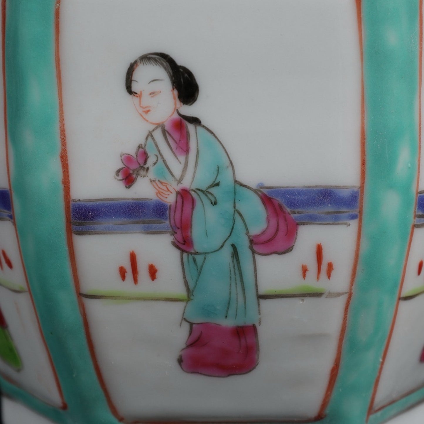 Pink painted window maiden picture with hexagonal lifting beam teapot