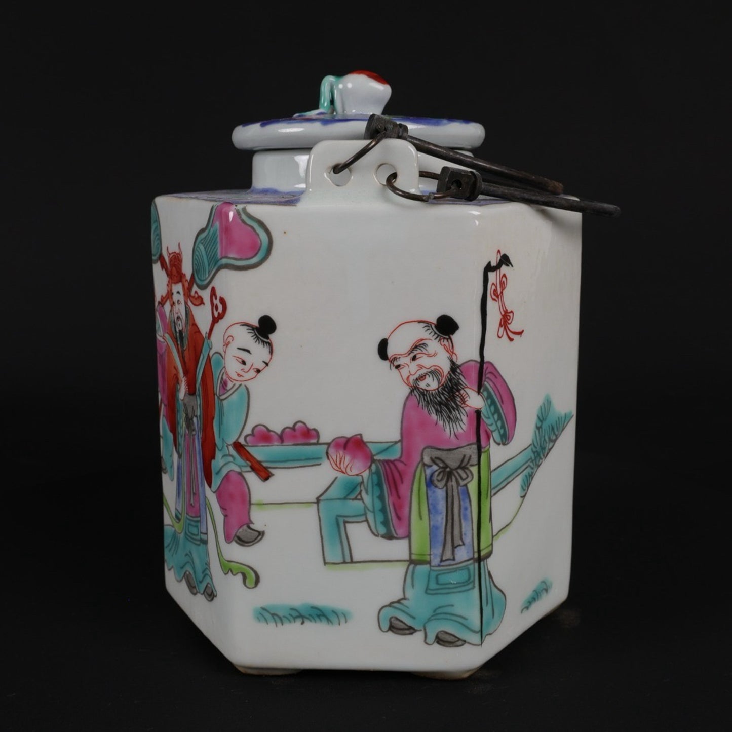 Pink Lucky, Longevity, and Three Star Pattern Hexagonal Qiao Liang Pot