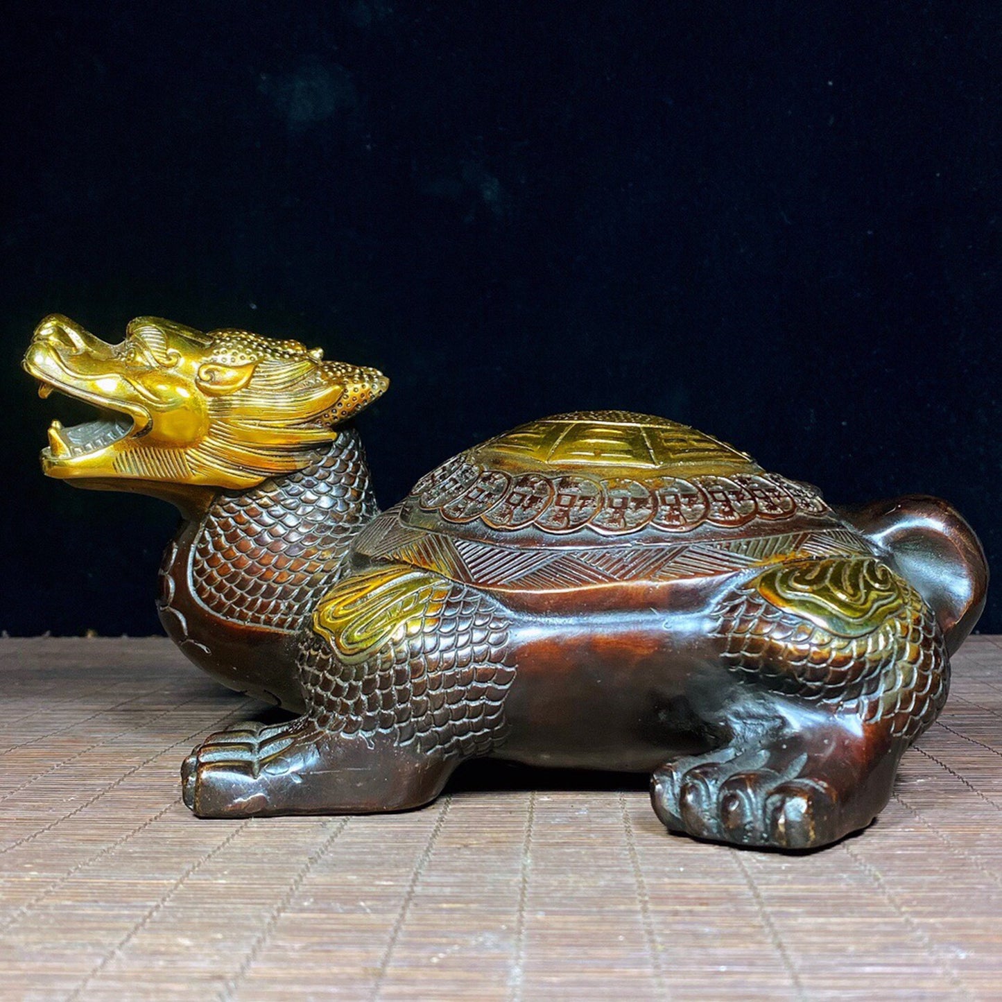Chinese Antique Pure Copper Bagua Tai Chi Dragon Turtle