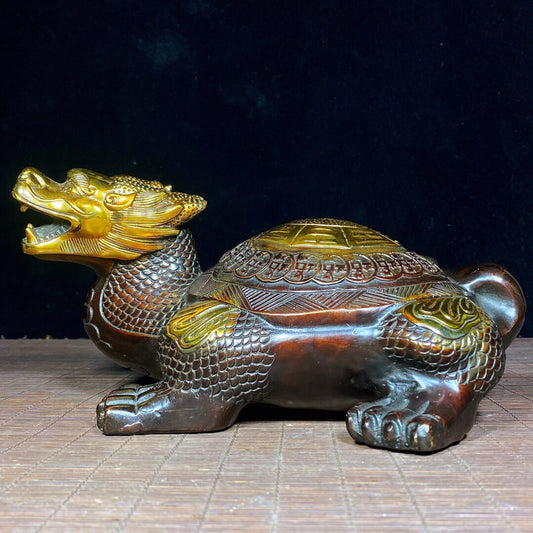 Chinese Antique Pure Copper Bagua Tai Chi Dragon Turtle