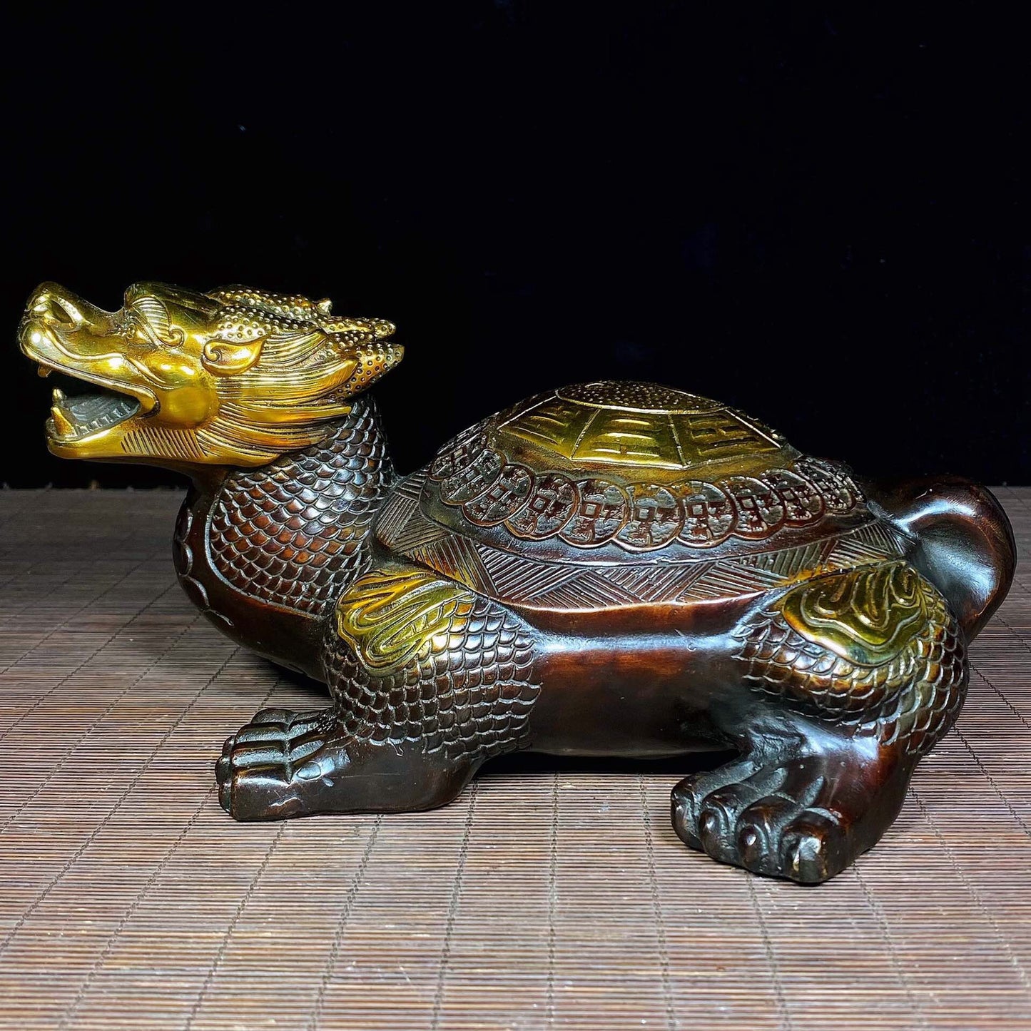 Chinese Antique Pure Copper Bagua Tai Chi Dragon Turtle