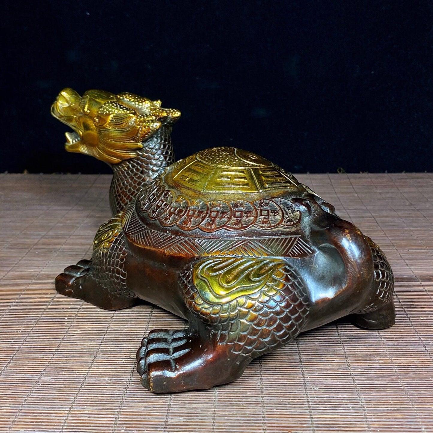 Chinese Antique Pure Copper Bagua Tai Chi Dragon Turtle