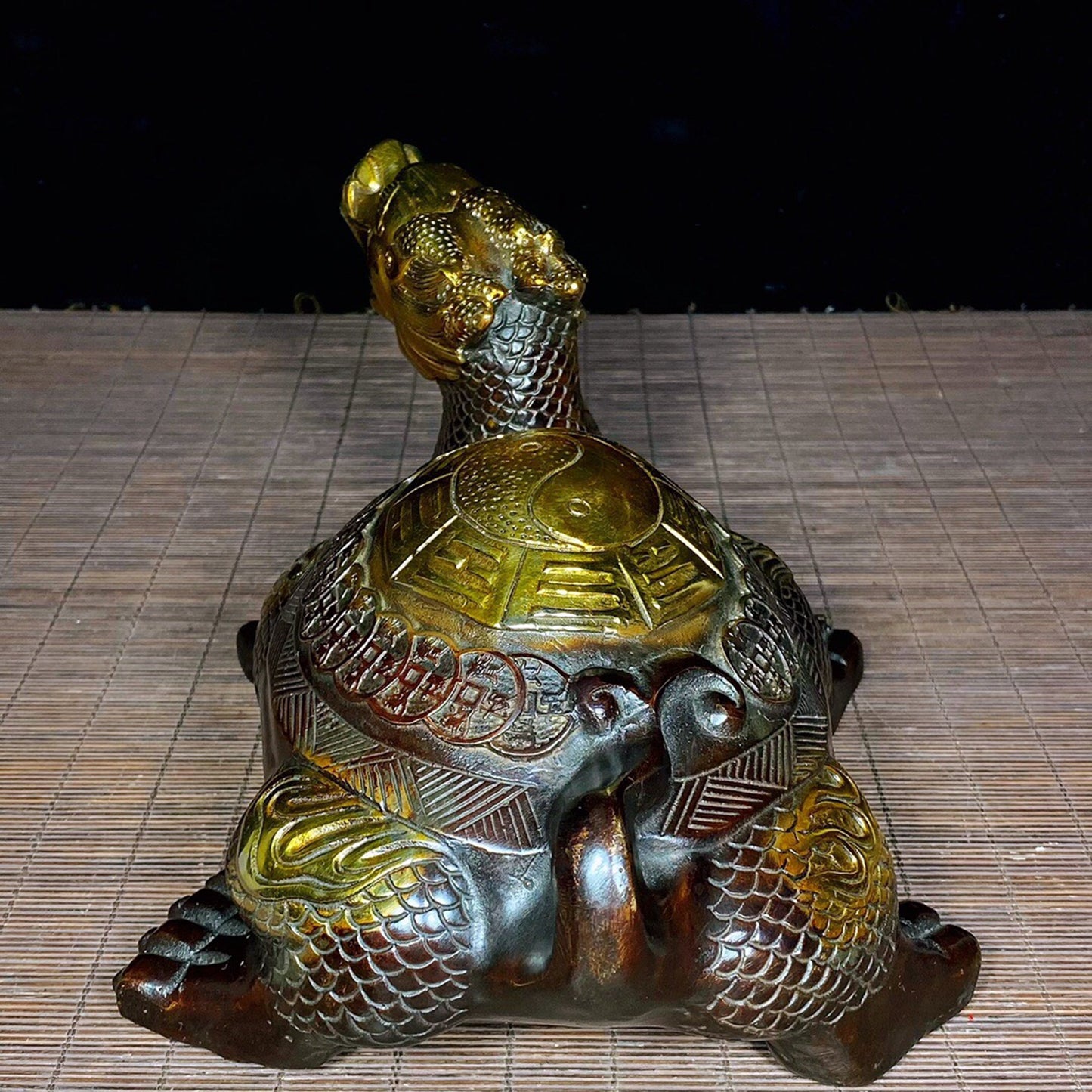 Chinese Antique Pure Copper Bagua Tai Chi Dragon Turtle