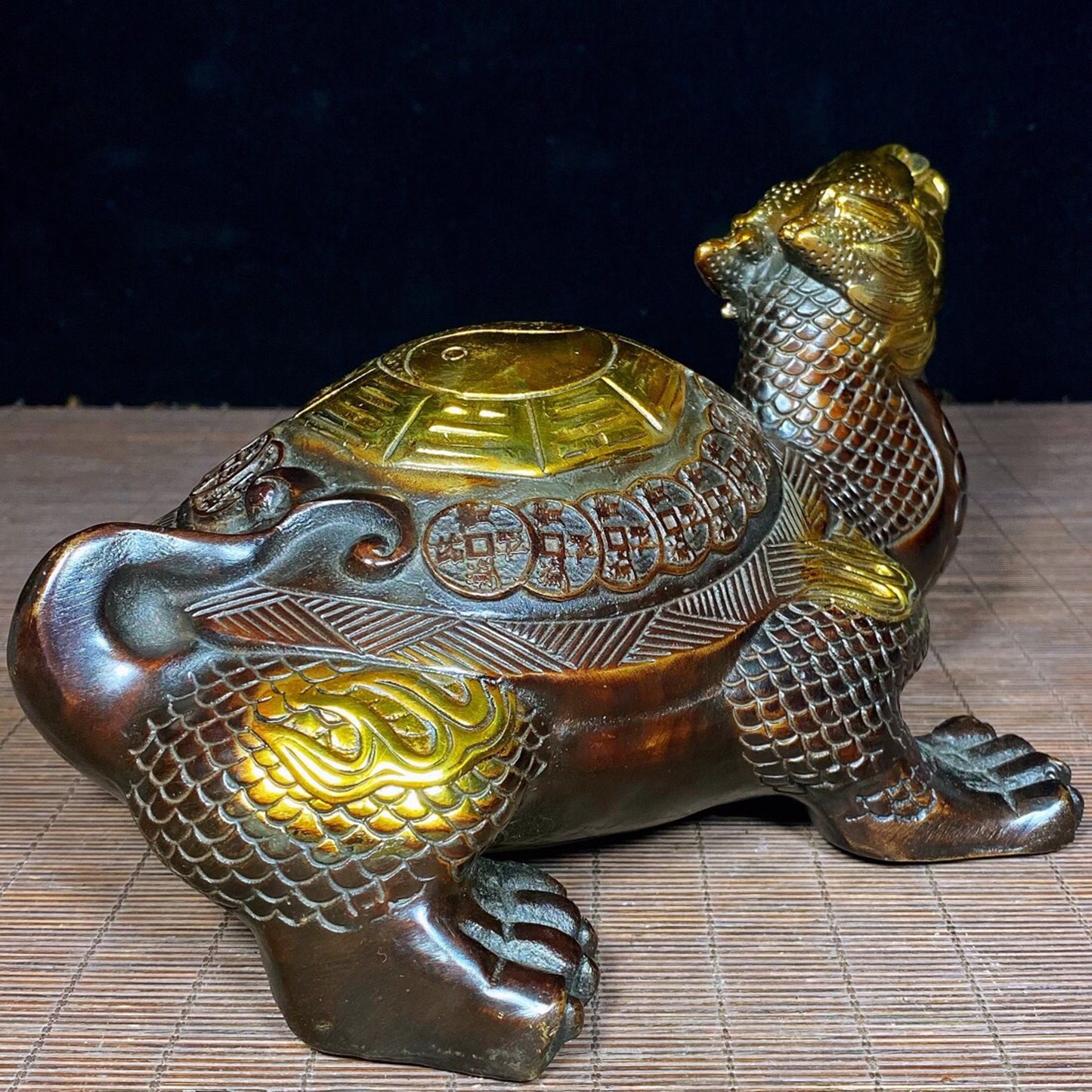 Chinese Antique Pure Copper Bagua Tai Chi Dragon Turtle