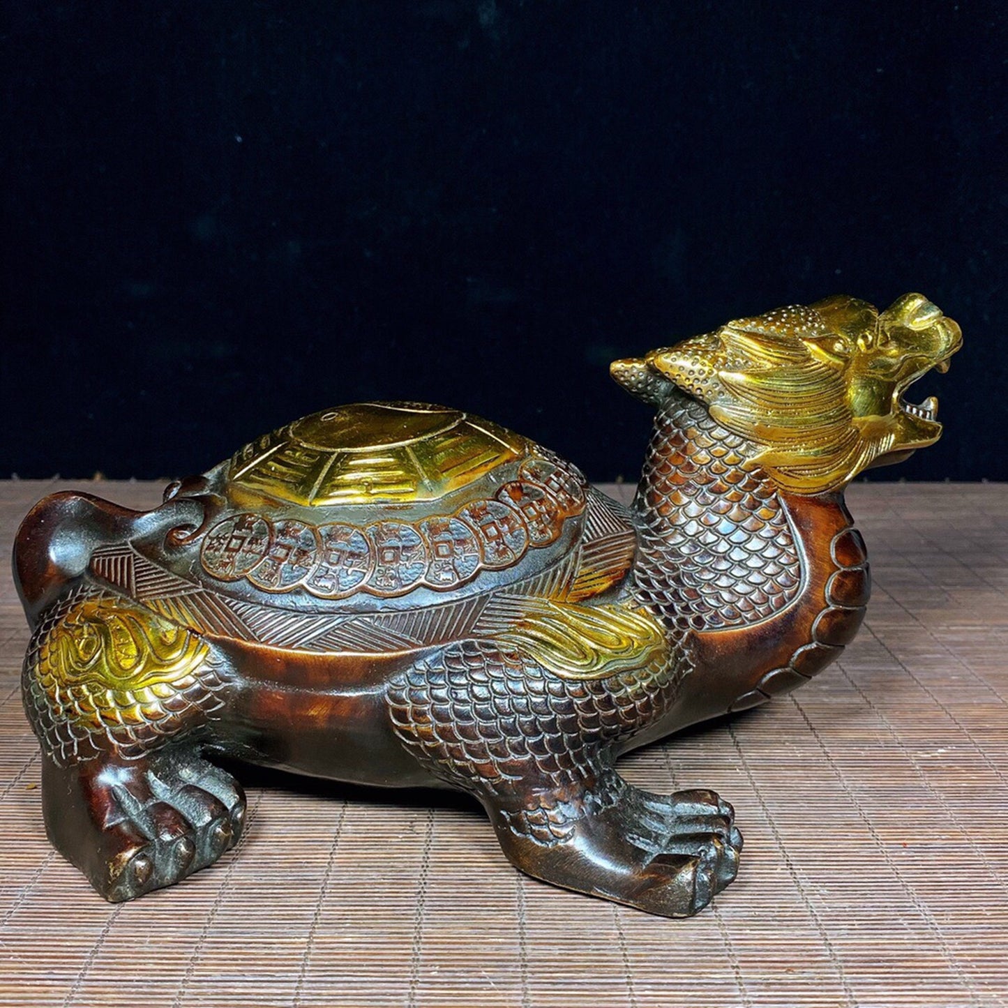 Chinese Antique Pure Copper Bagua Tai Chi Dragon Turtle