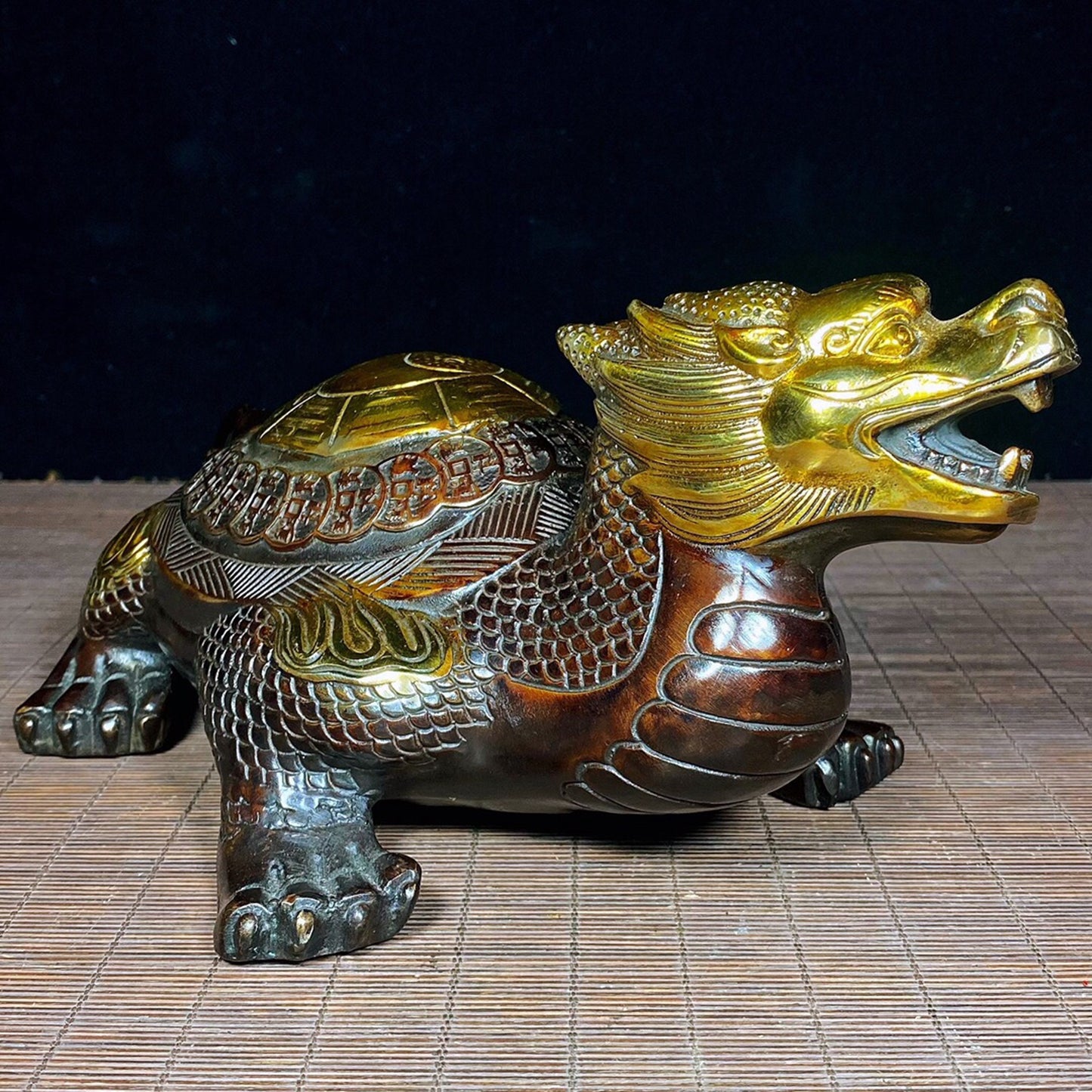 Chinese Antique Pure Copper Bagua Tai Chi Dragon Turtle