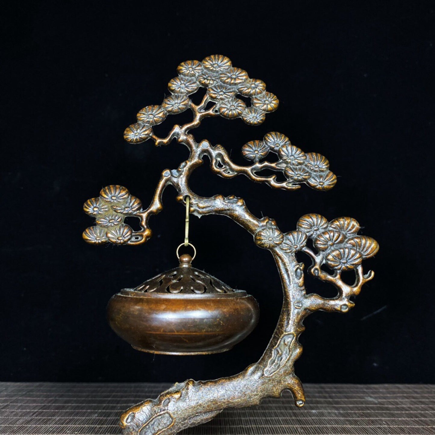 Chinese antique pure copper pine tree hanging furnace incense burner