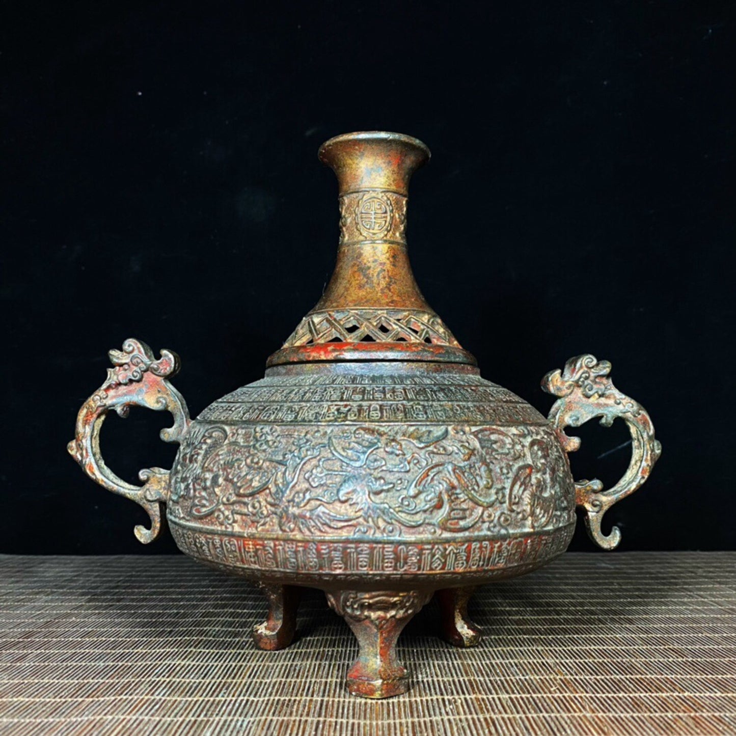 Chinese antique pure copper hundred blessings and longevity character incense burner