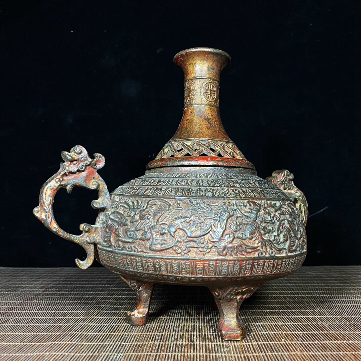 Chinese antique pure copper hundred blessings and longevity character incense burner