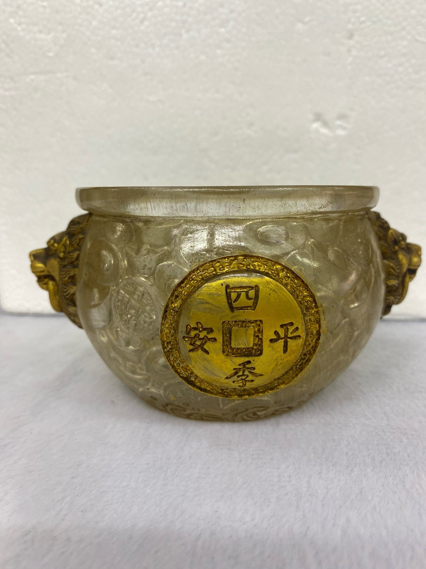 Chinese Antique Glass Gilded Double Beast Ear Treasure Bowl