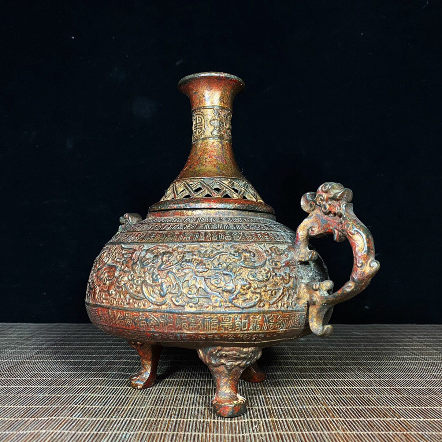 Chinese antique pure copper hundred blessings and longevity character incense burner