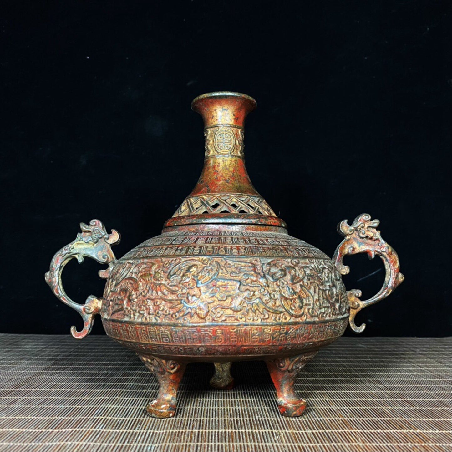 Chinese antique pure copper hundred blessings and longevity character incense burner