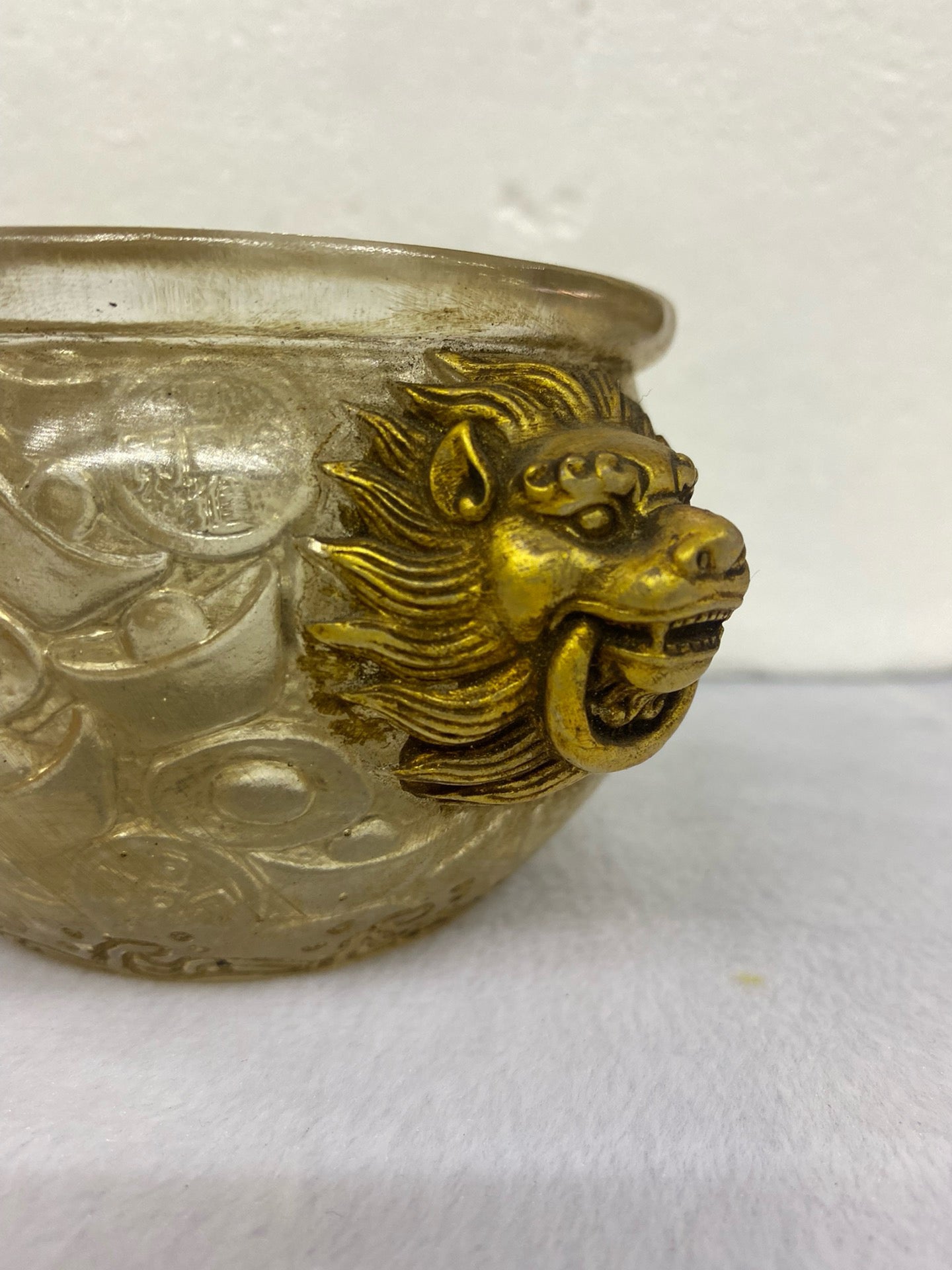 Chinese Antique Glass Gilded Double Beast Ear Treasure Bowl