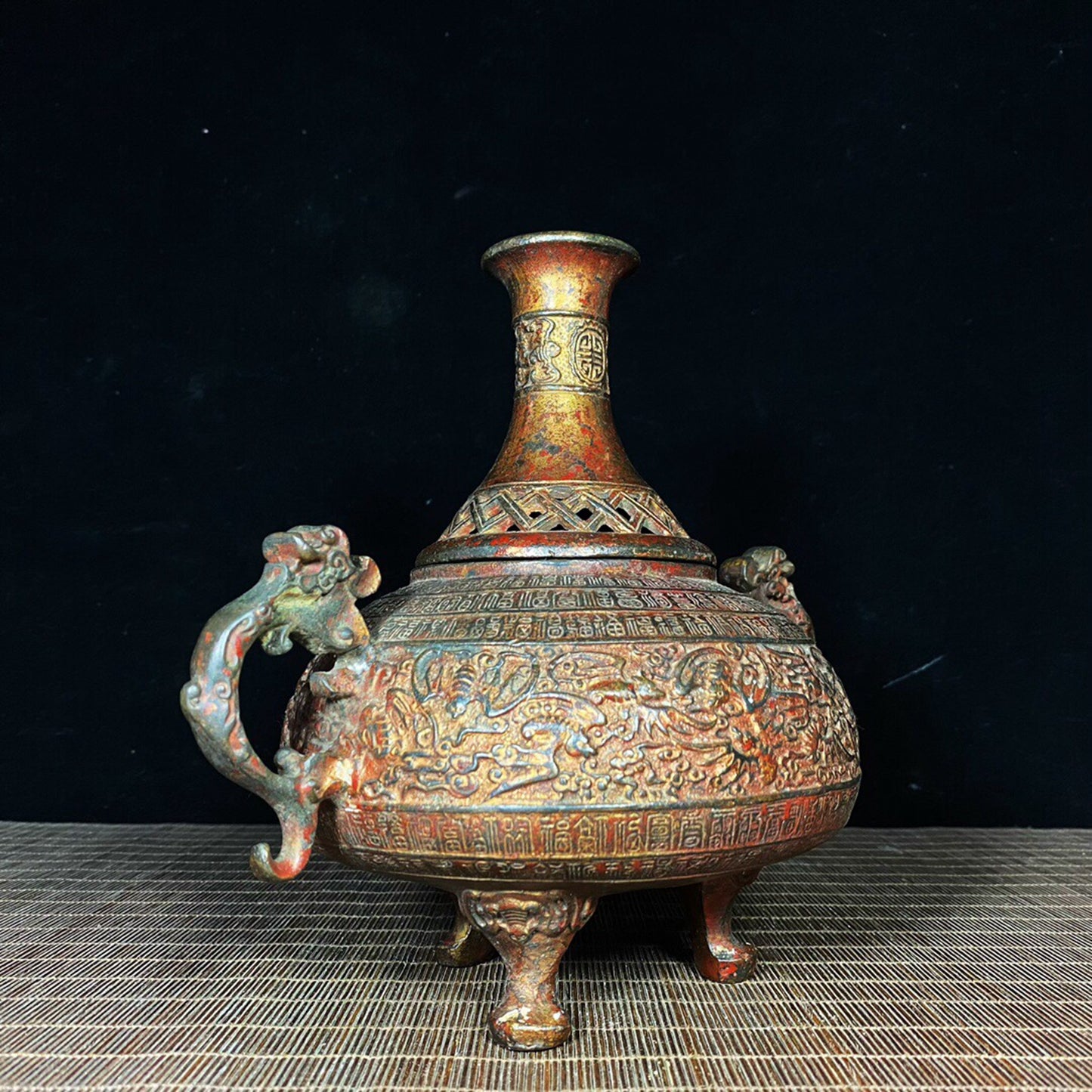 Chinese antique pure copper hundred blessings and longevity character incense burner