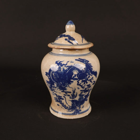 Blue and white split dragon patterned small general jar
