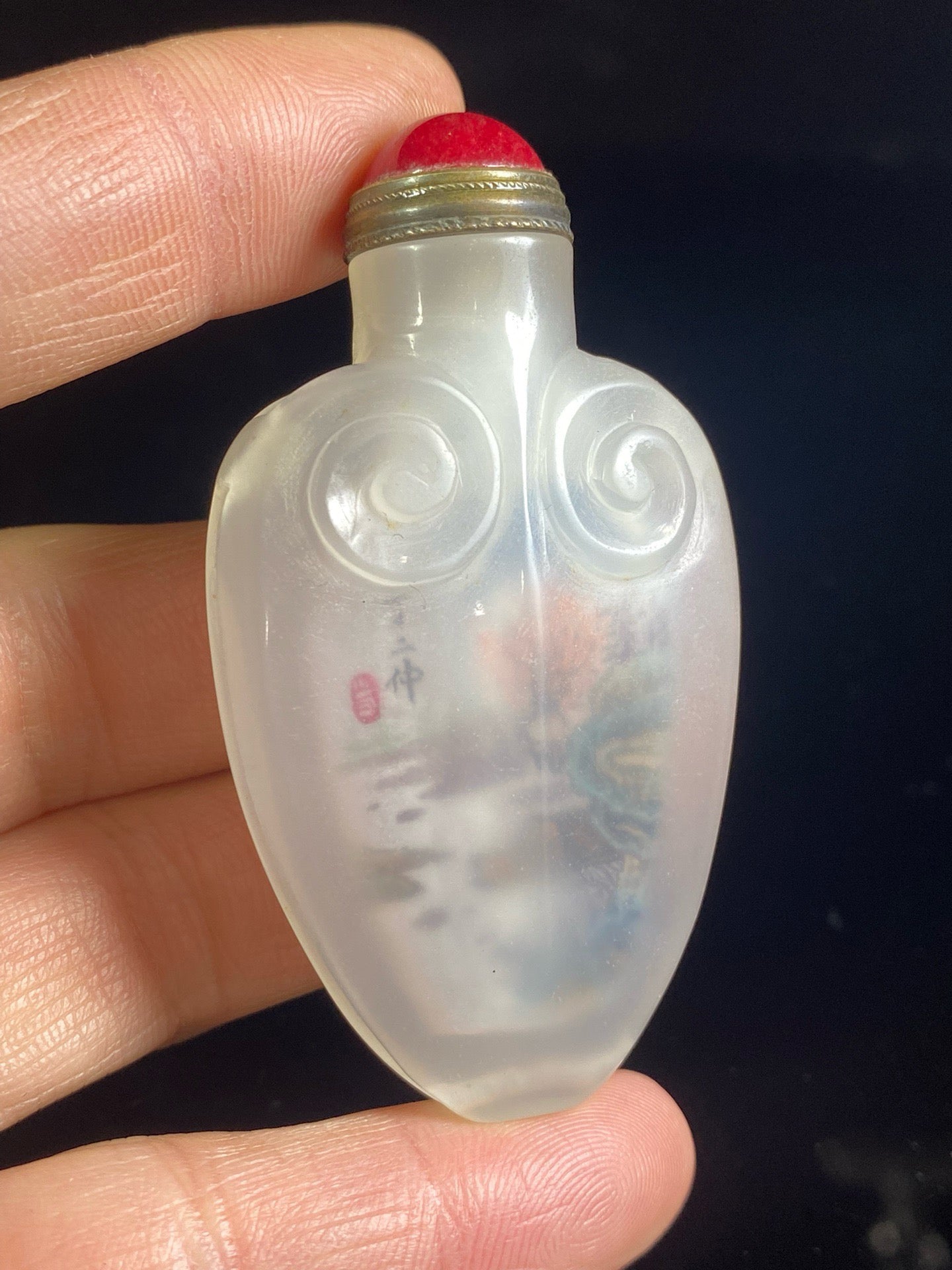 Chinese antique agate carved Ruyi inner painting snuff bottle