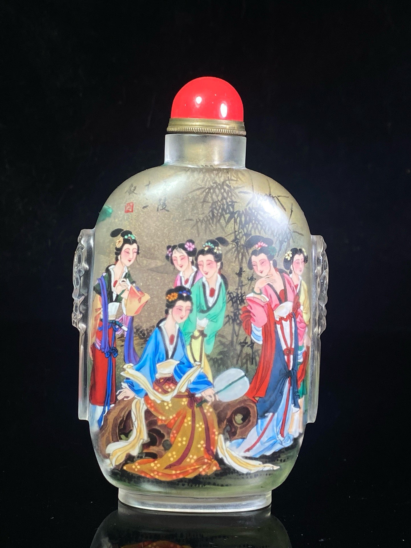 Chinese antique glass carved animal ear painted snuff bottle