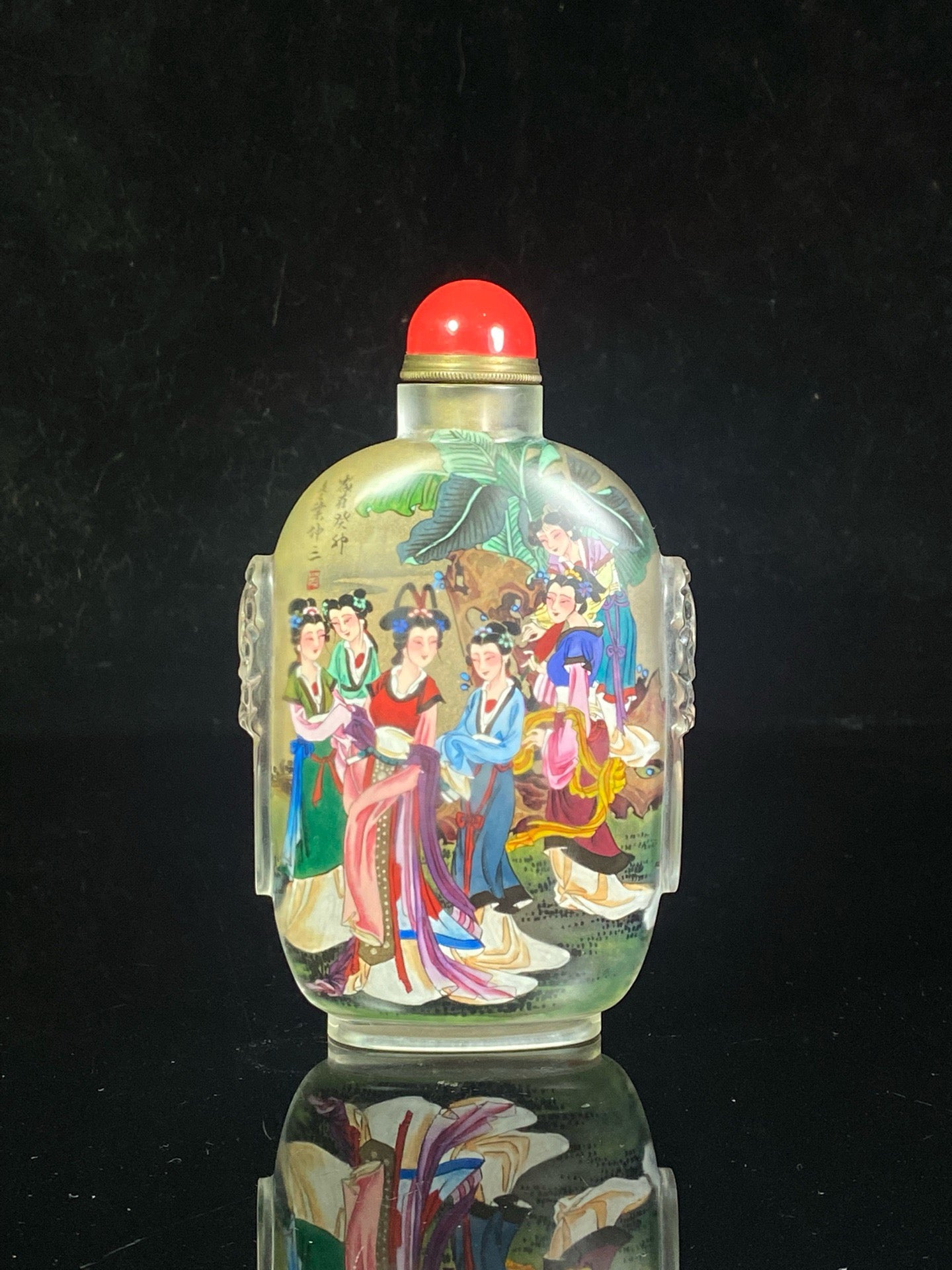 Chinese antique glass carved animal ear painted snuff bottle