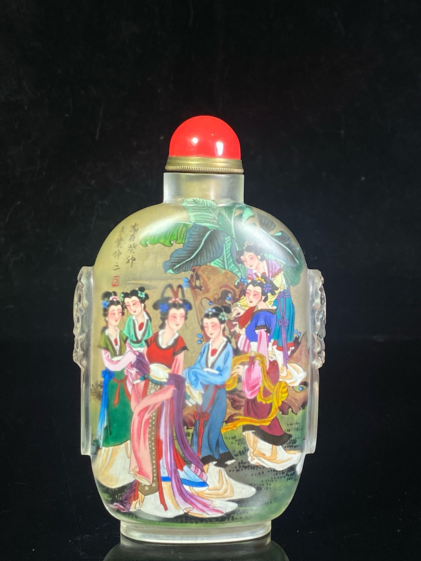 Chinese antique glass carved animal ear painted snuff bottle
