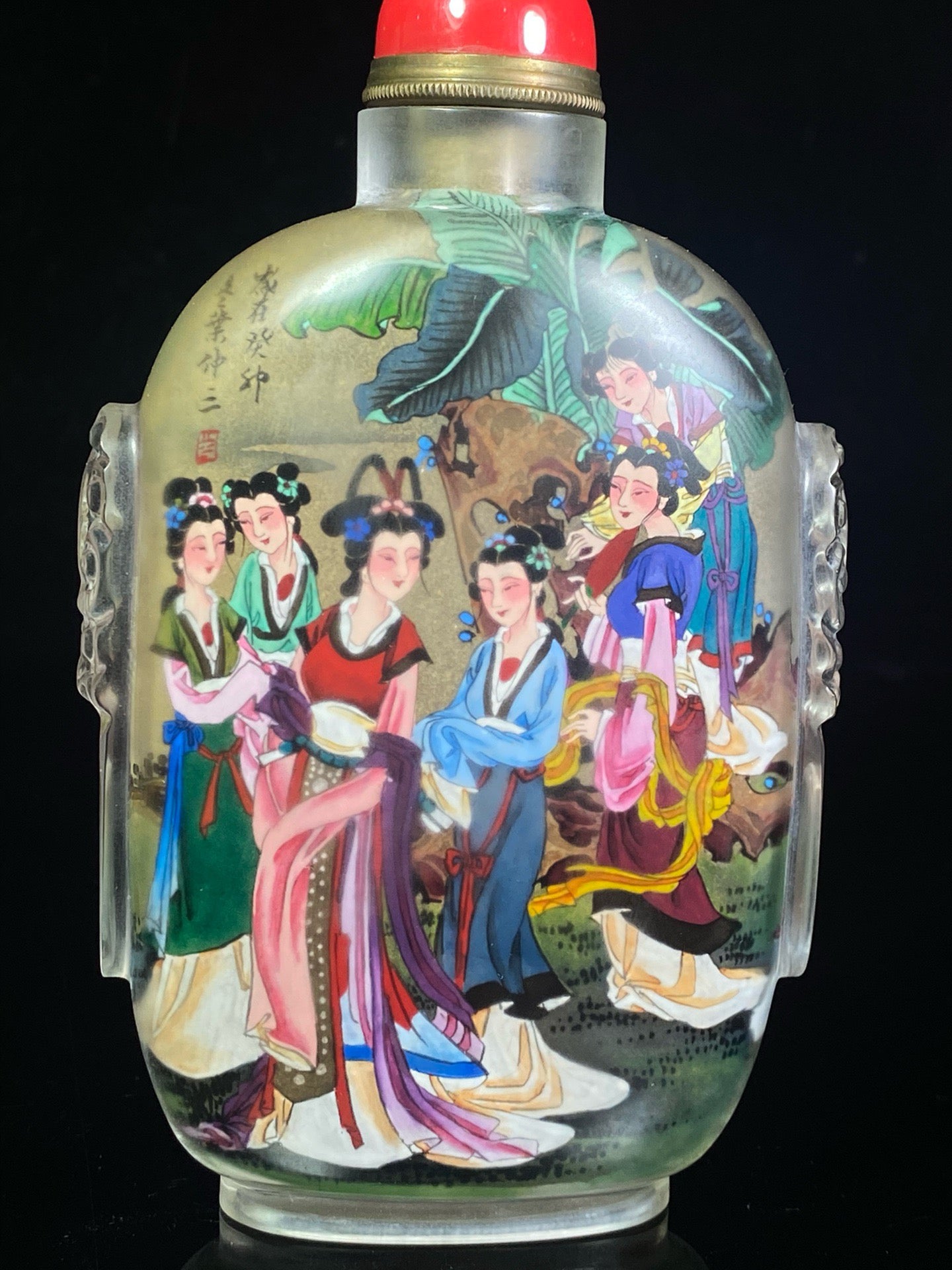 Chinese antique glass carved animal ear painted snuff bottle