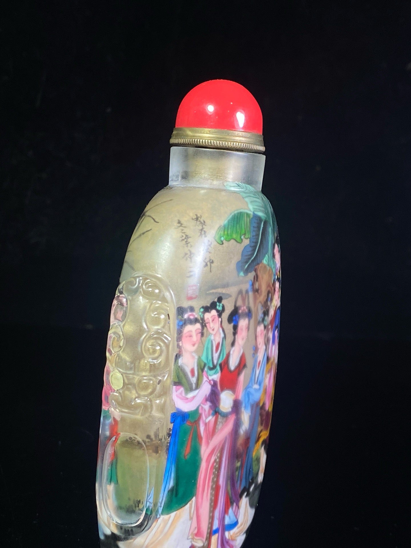 Chinese antique glass carved animal ear painted snuff bottle
